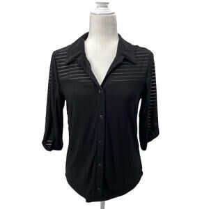 Womens Petite Black Button-Up Blouse Adele & May PM Roll Tab Sleeve Sheer Stripe